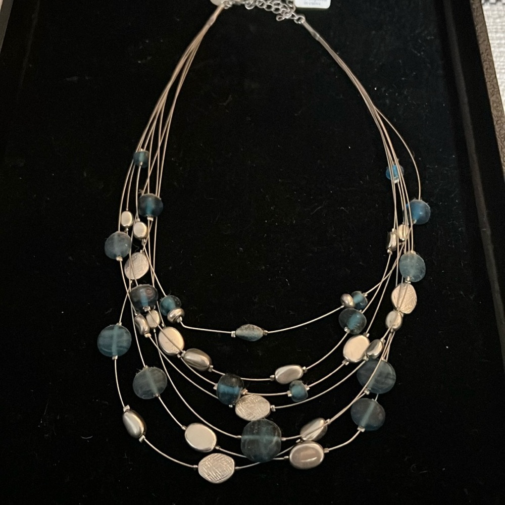 Lia Sophia Multi Strand Silver Tone Wire Blue Beaded Necklace 18"